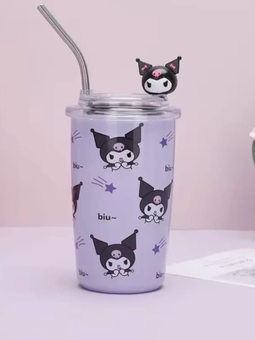 New Sanrio Kuromi Character Vacuum Seal Cup with Metal Straw in Purple